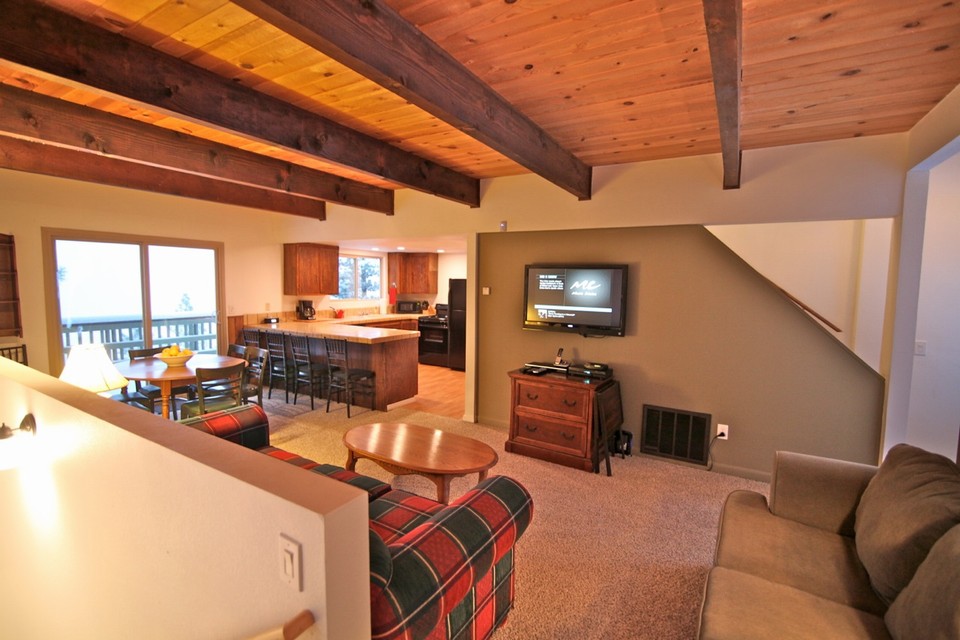 living area with kitchen in background
