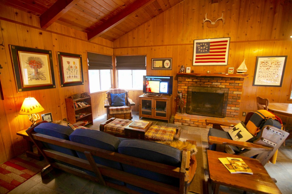 wood burning fireplace in living room